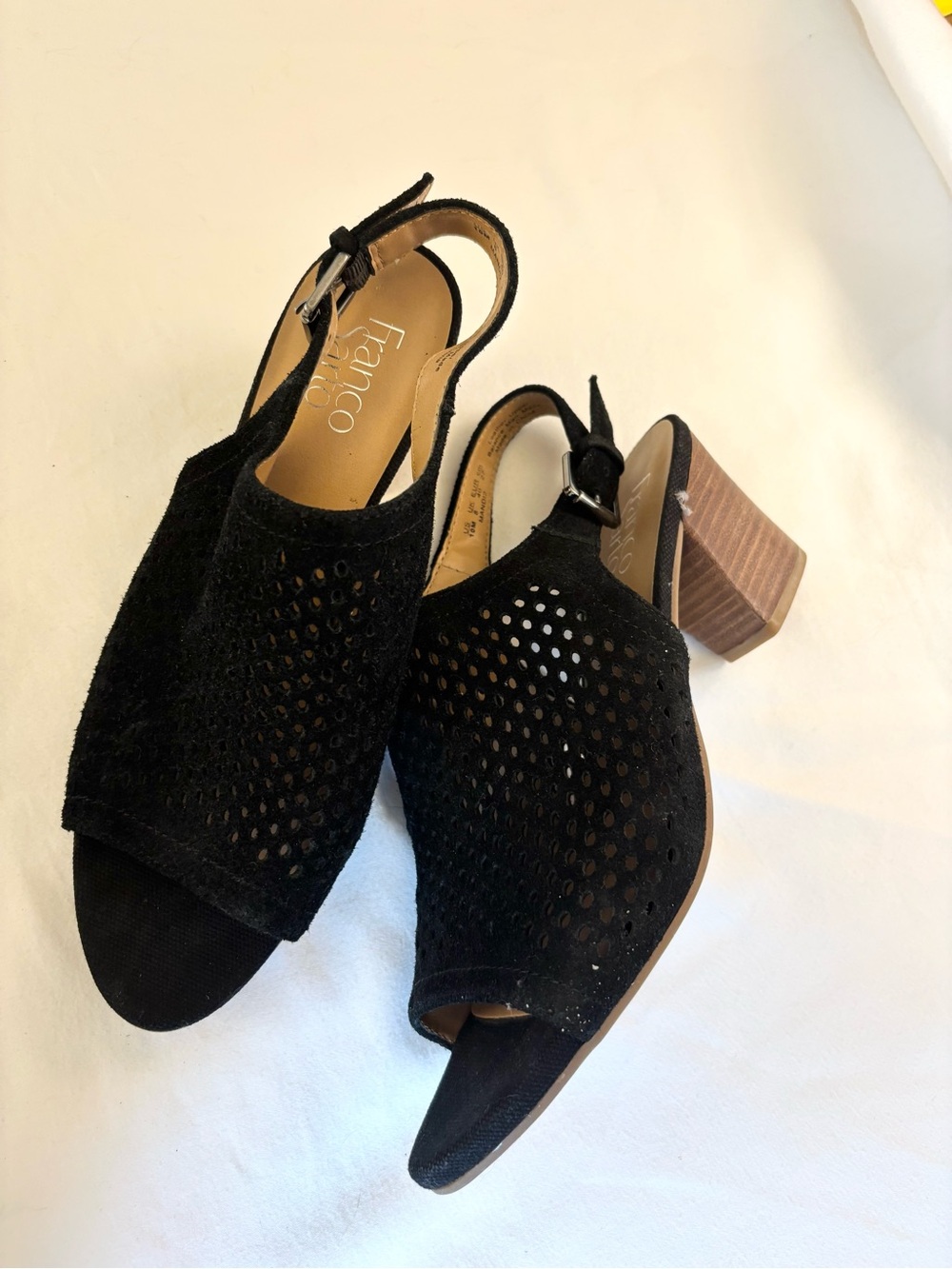 Franco Sarto Black Perforated Suede Slingback Block Heels with Wood-Tone Heel